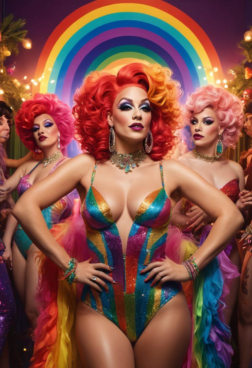 A vibrant and inclusive scene depicting diverse LGBTQ+ individuals engaging in various forms of entertainment, such as drag performances, burlesque, and intimate gatherings. The background should be filled with a celebratory atmosphere, adorned with rainbow colors and playful decorations, symbolizing connection and community. Each character should exhibit confidence and joy, showcasing the beauty of self-expression and relationships. super-realistic. vibrant colors. festive atmosphere.