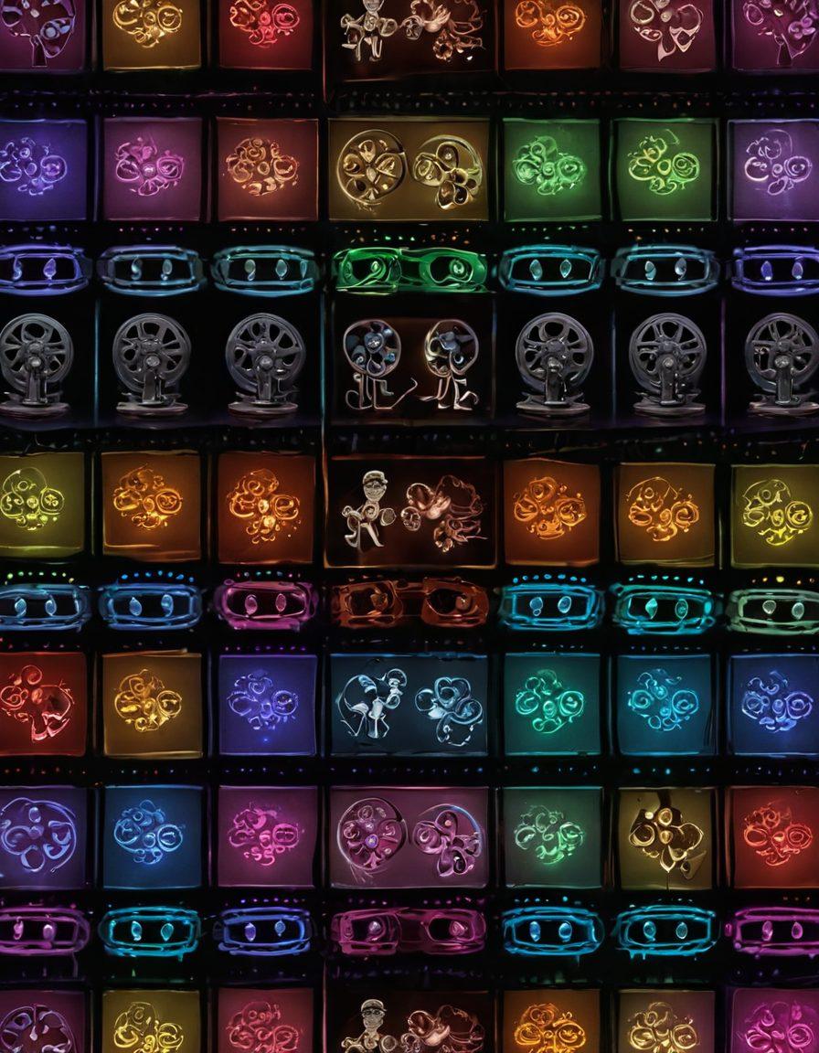 A visually striking film reel unraveling with vibrant scenes from iconic gay and lesbian cinema, showcasing diverse characters in intimate moments. Incorporate elements like rainbow colors, vintage film styles, and subtle heart motifs. Set against a backdrop of a darkened theater filled with soft, ambient lighting to evoke a sense of exploration and celebration. Super-realistic. Vibrant colors. Dark background.