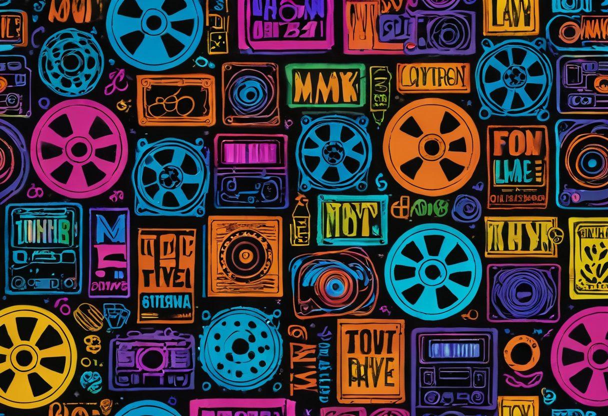 A vivid scene showcasing an eclectic collection of film reels, storybooks, and colorful posters representing LGBTQ+ adult entertainment. Include playful, stylized figures engaging with the materials, showcasing diversity, joy, and inclusion. Use bright neon colors and dynamic lighting to create an inviting atmosphere. The background should be abstract, enhancing the focus on the items in the foreground. super-realistic. vibrant colors. 3D.